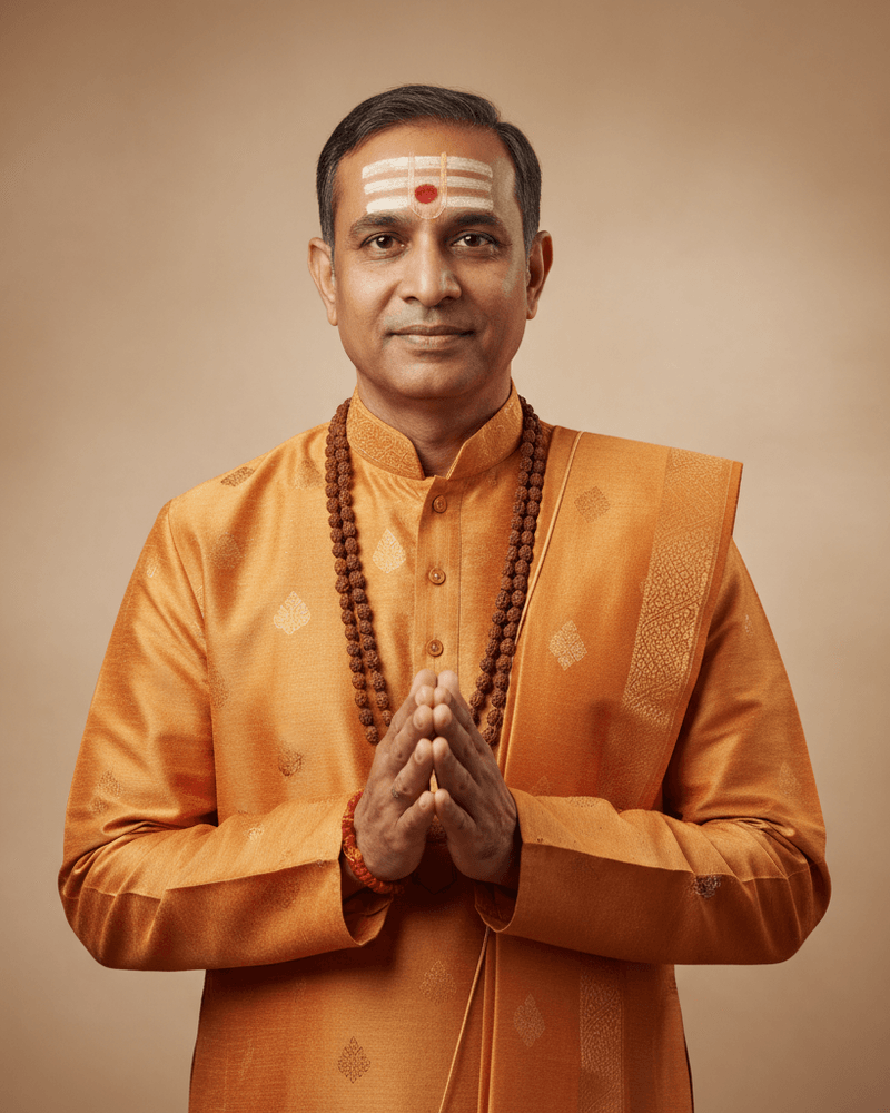 Portrait of our experienced Hindu pandit in traditional attire